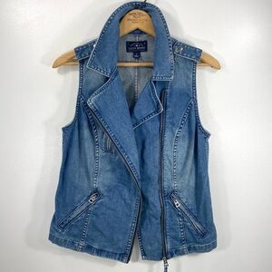 Lucky Brand Denim Moto Vest Distressed Faded Stone Wash Motorcycle Jean Jacket S
